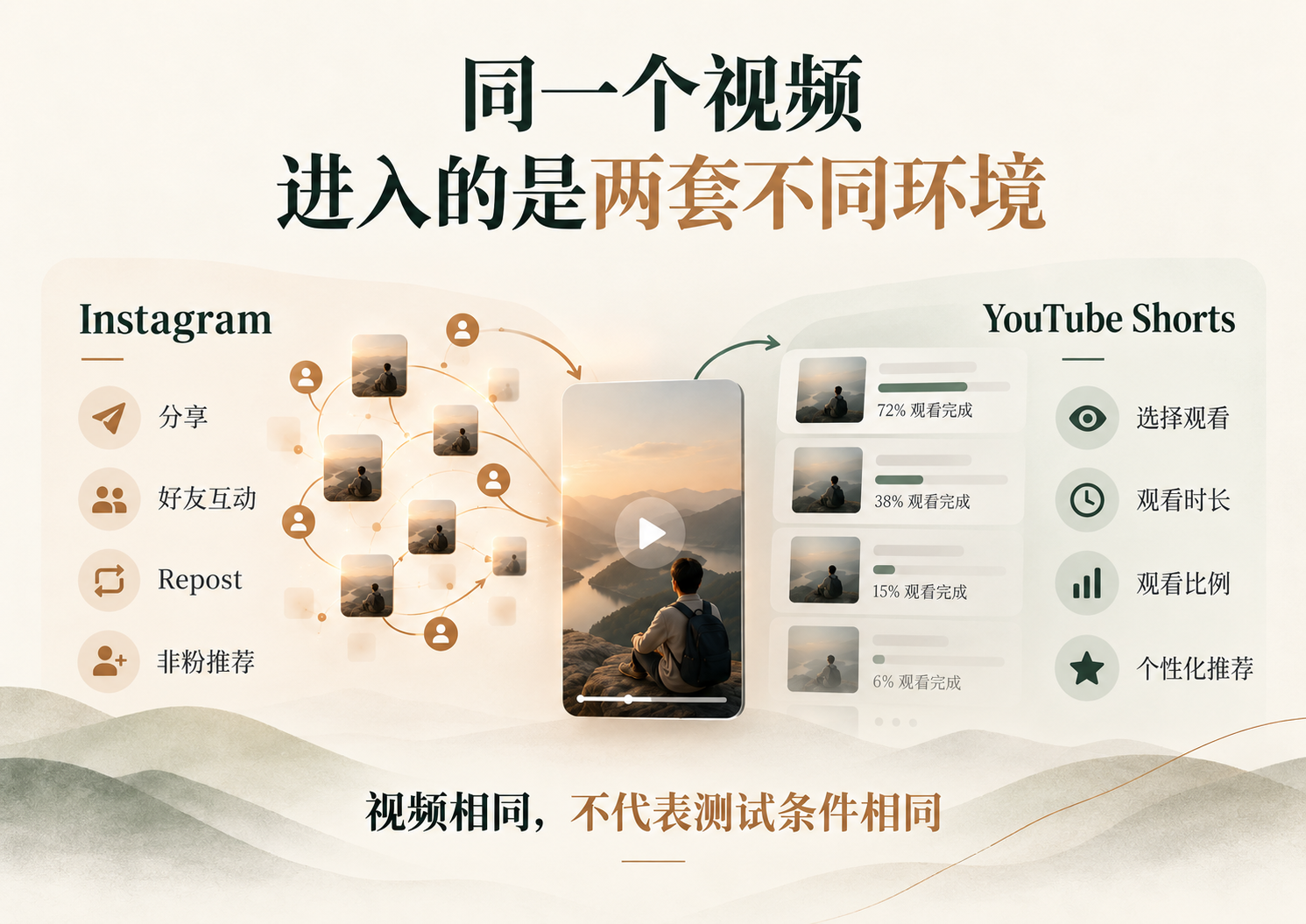 同一视频进入Instagram和YouTube Shorts不同推荐环境示意图